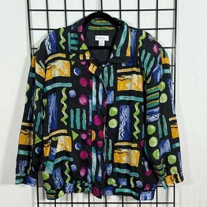 Vintage 90s Silk Bomber Jacket Womens XL‎ Black Retro 80s Geometric Grandmacore